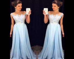 Blue Light Long Prom Vestra uma linha 2016 Jewel Neck Lace Aplique Illusion Corpeio Ver através de Vestido de Festa GOWN3790803