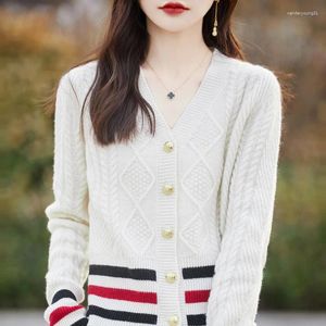 Women's Knits 2024 Spring/Summer Contrast Cashmere Sweater V-Neck Knitted Cardigan Merino Wool Top Coat Fashion Korean Jacket