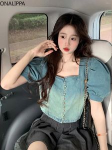Frauenblusen Onalippa Puff Kurzärmele Jean Shirts Quadratkragen losen Ernte Top Koreanische Mode Chic Knöpfe Gradientenfarbe Blau Bluse