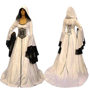 Vintage mittelalterliche Samt -Abschlussballkleider mit Hut Korsett Victorian Kostüm Frauen Maskerade Spezialanlass Kleid Langarm Elfenbein und schwarzes gotisches Abendkleid