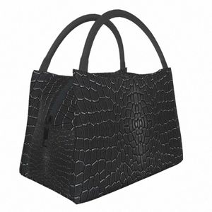 black Crocodile Skin Leather 3D Print Insulated Lunch Tote Bag for Women Alligator Texture Resuable Thermal Cooler Bento Box u8HP#