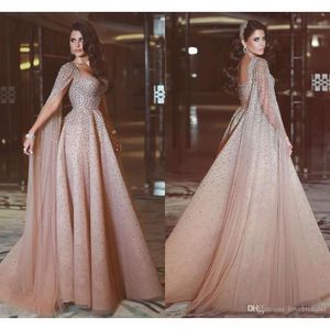 Beading Dresses Elegant A Line With Cape Sleeves Straps Long Pink Tulle Prom Party Evening Gowns Beaded Vestidos Festa