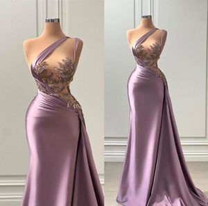 Fancy Lilac Mermaid Evening Dresses Sheer Appliques Beads One Shoulder Pleats Ruffles Long Women Occasion Party Gowns Prom wears BC18634