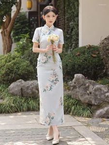 Roupas étnicas 2024 estilo chinês melhorado cheongsam verão azul elegante vestido de manga curta para mulheres vestidos de festa diários qipao