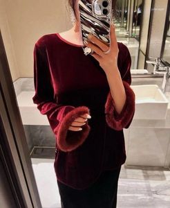 Koszulki damskie w stylu chiński wina czerwona jedwabny aksamitne top o szyja długie rękawowe patchwork koszulka moda luźna czarne topy 2024