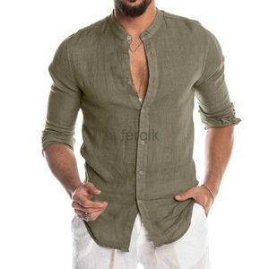 Camicie casual maschile maschile cubana lino a maniche lunghe a petto singolo per uomo stand collare soild tops 24416