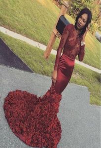 Burgundy Lace Long Sleeve Prom Dresses 2016 See Through Mermaid Rose Ruched Sweep Train Evening Gowns Black Girl Formal Party Dres1570462