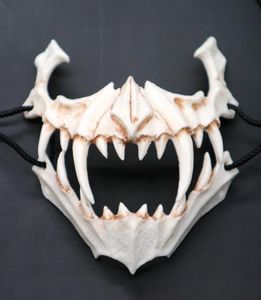 Mezza maschera animale denti lunghi demoni samurai maschera ossea bianca tengu drago yaksa tigre maschera cosplay t2005097856185