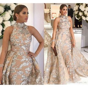 High New Neck Prom Dresses Sleeveless Gold Appliqued With Detachable Train Pageant Gown Formal Evening Dress Plus Size