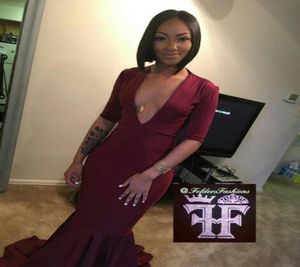 مثير Deep V Buck Burgundy Mermaid Dresses 2017 New Fashion Black African Women Dresses Evening Wear Ority Barty 6295888