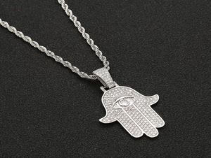 Lodowa z cyrkonią sześcienną Bling Zmokane złe oko Fatima Ręka Amulet Wisior Naszyjnik Hip Hop Silver Gold As Gifts6632890