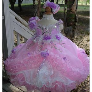 ゴージャスなボールガウンページェントドレスビーズ幼児バックオーガンザフリルカップケーキの花の女の子のドレス結婚式のためのドレス