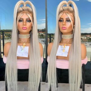 Platinum Ash Blonde Long Straight Lace Front Wig with Brown Roots Pre Plucked Heat Resistant Synthetic Lace Wigs Daily Use 240409