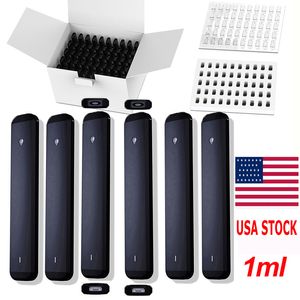 USA Stock 1ML VAPE PEN CARTS Tjock olja tom platt engångs e-cigarettskidor laddningsbara 280mAh batteris keramiska spole förångare D9 Black Penns Anpassad logotyp OEM