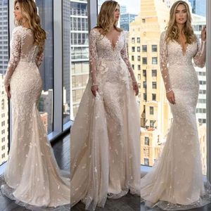 Mermaid Champagne Dresses Bride Bride Deeep v Neck Long Sleeves Lace Servons Bridal Dontrals بالإضافة