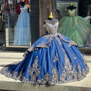 Mörkblå ruffles från axelbollklänningen quinceanera klänningar med guldapplikationer spetskorsett vestidos de 15 anos