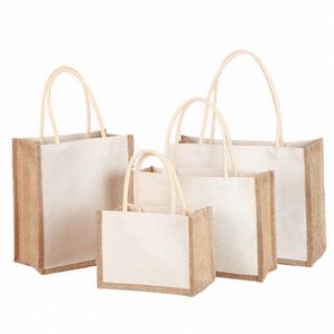 eco-friendly Burlap Jute Tote Shop Bag Waterproof Stitching Linen Storage Bag for Women Gifts Top Handbag Square Purse Bolsa C9Al#
