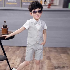 Suits Flower Boys Formal Suit Kids Wedding Tuxedo Dress Vest+Shorts+Bowtie 3PCS Clothing Set Children Chorus Performance Dress Costume