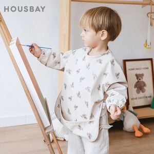 Baby Bibs Kids Toddler Long Sleeve Scarf Pu Waterproof Art Smock Cute Fox Boys Girls Apron Pocket Design Infant Feeding Clothes 240407