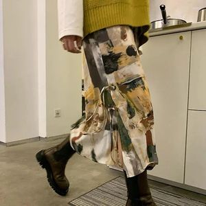 Etekler Boya Yağlı Boya Kadınlar Harajuku Düz Slit Midi Y2K Retro Street Giyim Yüksek Bel Banda Tasarım Etek