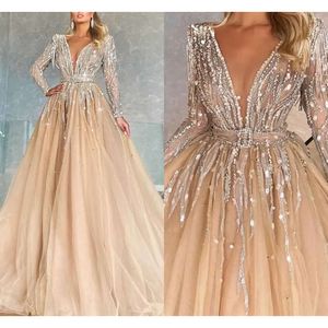 Champagne Evening Dresses Long Sleeves Beaded Sequins Plunging V Neck A Line Floor Length Plus Size Pleats Prom Gown Formal Custom Vestidos