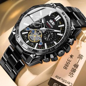 Wristwatches Black Steel Waterproof Sports Watch For Men Luminous Pointer Tourbillon Decoration Quartz Wristwatch Man Classic Date Male