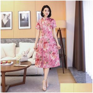 Ethnische Kleidung Fzslcyiyi Red Vintage Chinesischer Stil Ao Dai Druck Rayon Cheongsam Kleid Frauen traditionelle Qipao Größe M - 4xl Drop D Dhlgt