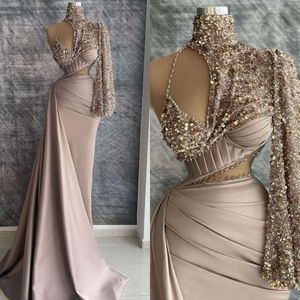 Shoulder Charming One Mermaid Evening Beaded Pearl Sequins Prom Gowns Long Sleeves Custom Made Party Dresses