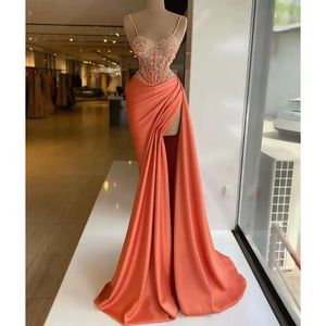 Spaghetti Straps Evening Dresses Ruched Side Split Lace Beaded Formal Prom Party Gowns Elegant Vestido De Dress