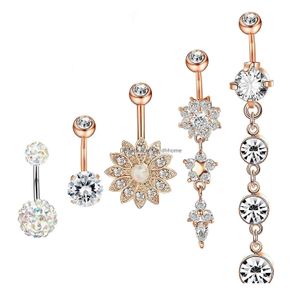Navel Bell Button Rings 5st/Set Ball Flower Cute Zircon Crystal Body Jewelry Rostfritt stål Rhinestone Piercing for Women Gift D DHG3X