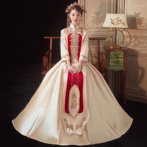 Ethnic Clothing Chinese Couple Vintage Mandarin Collar Cheongsam Toast Costume Sequins Beaded Embroidery Wedding Dress