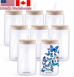 USA CA Local Warehouse bulk wholesale 16oz Clear Frosted Glass Cans Straight Sublimation Tumblers Cup Ice Soda Drink Mugs with Lid and Straw 0416