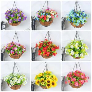 Decorative Flowers Simulated Flower Hanging Artificial Basket Bow Baskets Garlands Home Wrought Iron Basin Decoration