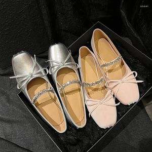 Casual Shoes Mkkhou Fashion Women's High Quality True Leather Square Head Bow Crystal Ballet Flat Sweet Style