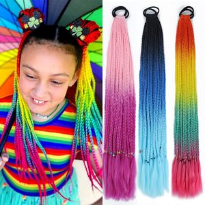 Synthetic Colored Braided Ponytail Hair Extension Rainbow Color Braids Pony Tail With Elastic Band Girl's Pigtail Children Braid