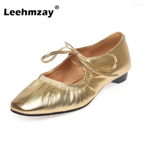 Casual Shoes Leehmzay Size 33-42 Women Ballet Flats Soft Real Leather Lace-Up Low Heels Ins Fashion Silver Gold 2024 Spring Dress