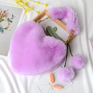 Evening Bags Winter Cute Heart Shape Faux Fur Handbag Soft Warm Plush Shoulder Bag Metal Chain Mini Coin Purse Ladies Crossbody 2024