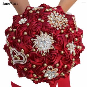 Düğün Çiçekleri Janevini Lüks Rhinestones Mücevher Burgundy Gelin Buketleri Sparkly Boncuklu Yapay Satin Gülleri Buket Novia