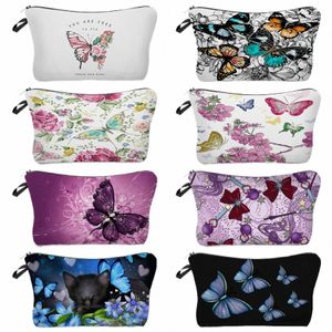 casual Butterfly Floral Printed Makeup Bag For Women Travel Portable Cosmetics Organizer Children's Pencil Case Custom Pattern 43We#