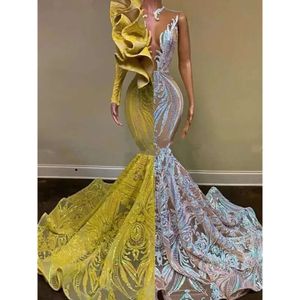 Contrast Color Yellow Mermaid Prom Dresses for Black Girls Long Sleeve Ruffles Sequin African Evening Dress Graduation Gala Gowns