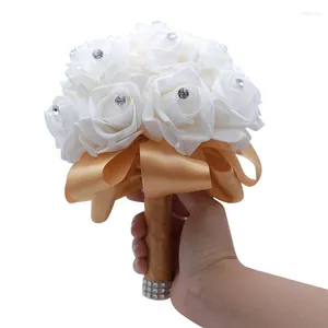 Flores decorativas feitas feitas à mão, decoração de casamento artificial de buquê artificial segurando com cristais brilhantes