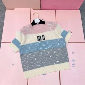 Womens TShirt Miumiues Tshirt Designer Luxury Fashion Womens TShirt Temperament Letter Sequin Striped Knitted Short Slved Loose Top For Spring AnLZEY