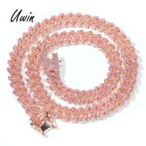 12Mm Pink Iced Rhinestone Zinc Alloy Rose Gold Electroplated Miami Cuban Chain Necklace Jewelry