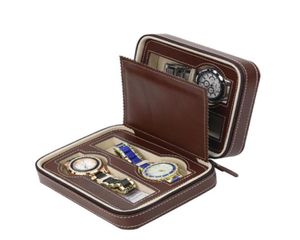 Luxury marrom com zíper esportivo de armazenamento de 4 case Organizer Leather Watch Travel Case para quatro relógios LINHO VELVET LINHA COLE4420847