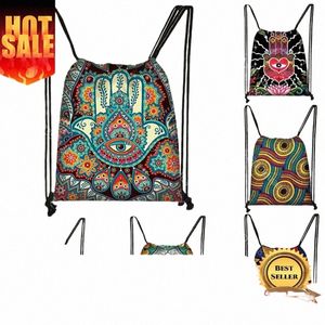 Mandala / Hamsa Fatima Hand / Buda Lotus Fr Backpack Mulher Bolsa Bolsa de Armazenamento Meninas Bolsa de Viagem de Viagem 894V#