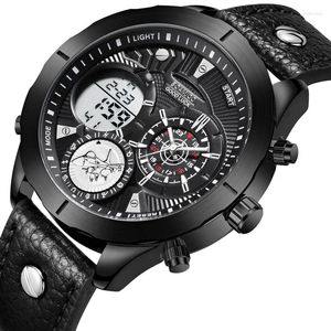 腕時計ボーミゴの男性はトップスポーツデジタルデュアルディスプレイレザークォーツウィストウォッチマレス時計を見る