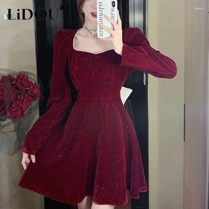 Casual Dresses Spring Autumn Square Collar Bow Lace Up Velvet Mini Dress Ladies Long Sleeve Evening Parry Vestidos Women Elegant Fashion