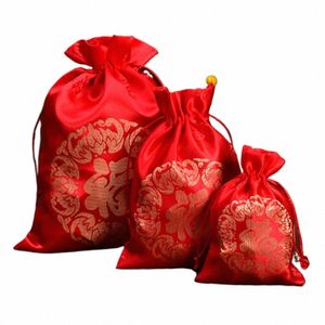 1pc Red Silk Fu Bag Chinese Lucky Bags Jewelry Drawstring Pouch Candy Gift Bags Gift Packaging for New Year Wedding Party 55p2#