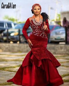 Festklänningar formella aso ebi stil kväll för kvinnor ren nackkristall pärlast spets afrikansk vinröd prom klänningar långa ärmar