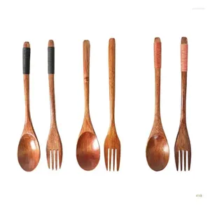 Spoons 41XB Wood Material Spoon And Fork Set Kitchen Cutlery Salad Fruit Tablewares Handmade For Cooking Eating